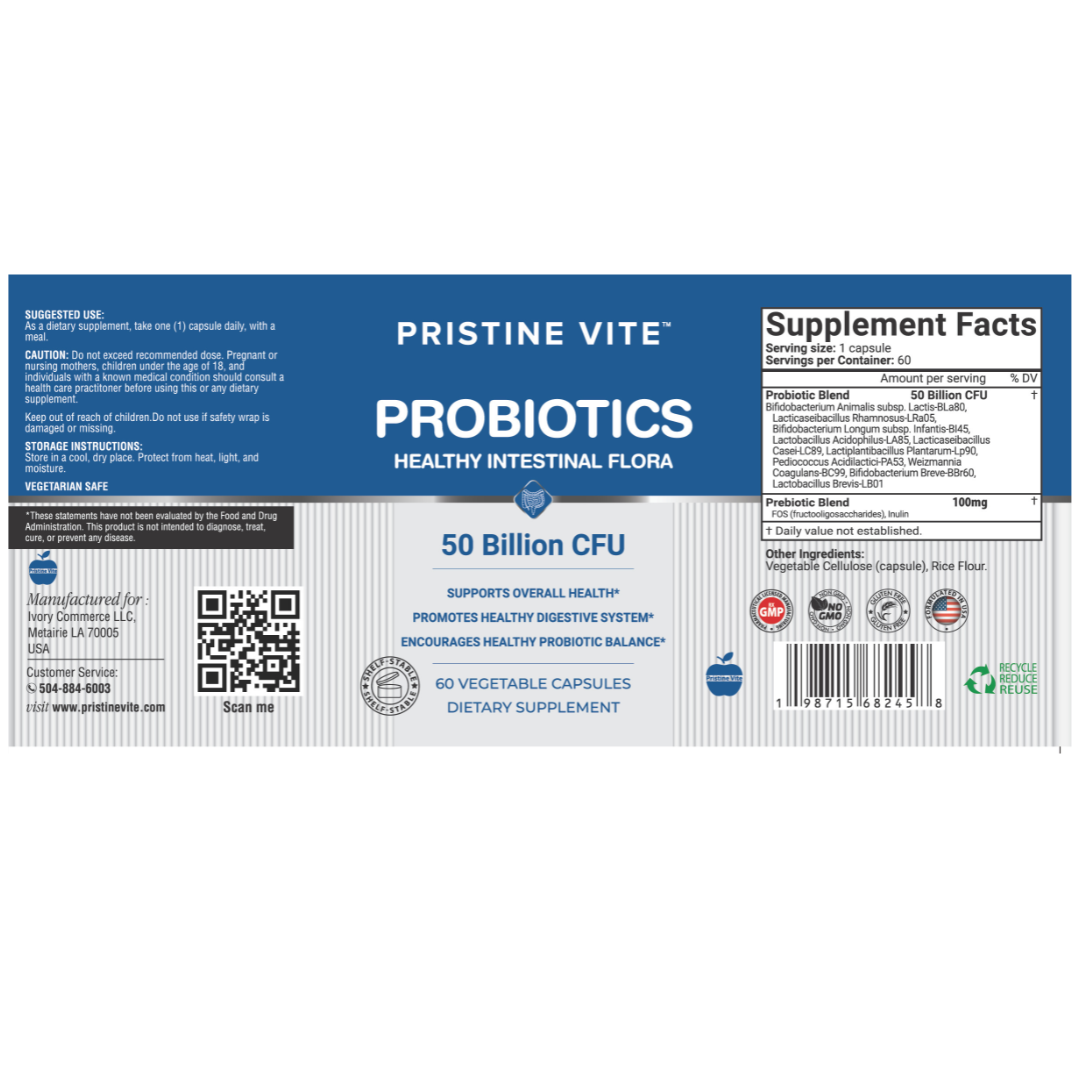 Pristine Vite Probiotics – 50 Billion CFU, 60 Capsules