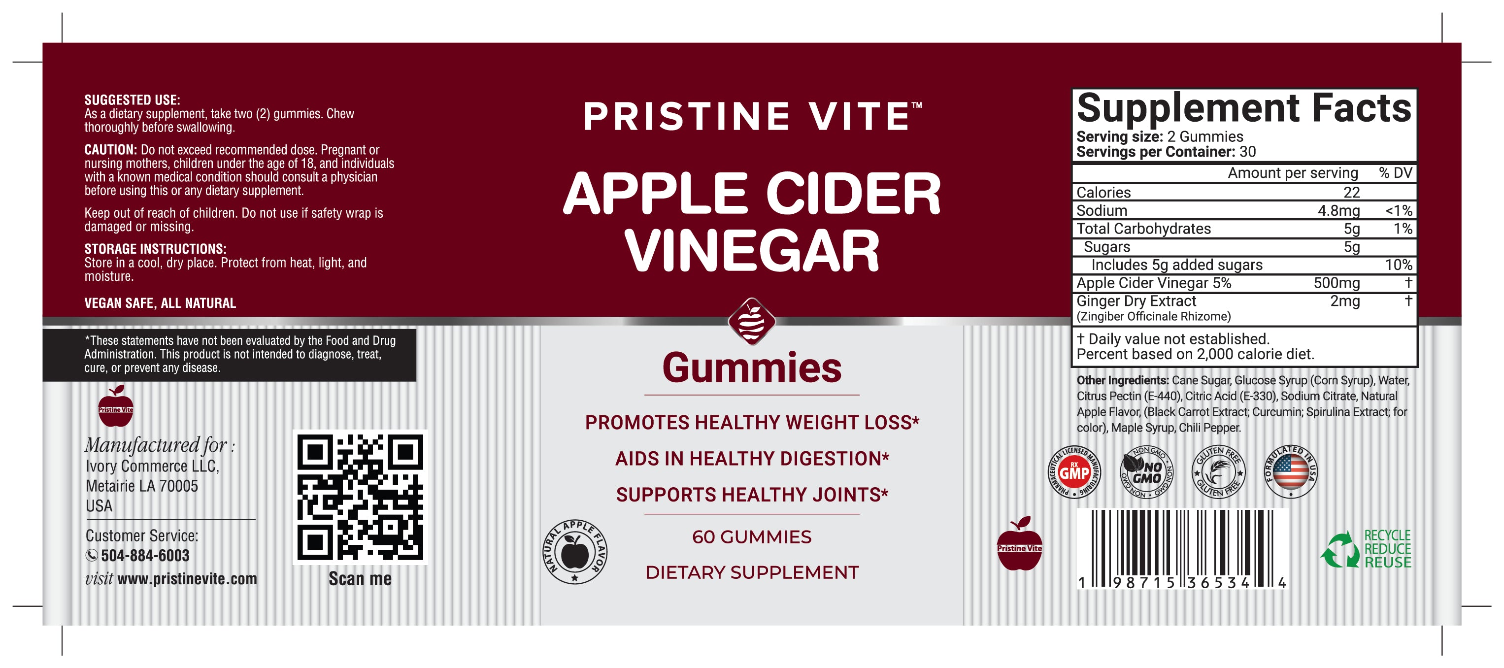 Pristine Vite Apple Cider Vinegar Gummies – 60 Count