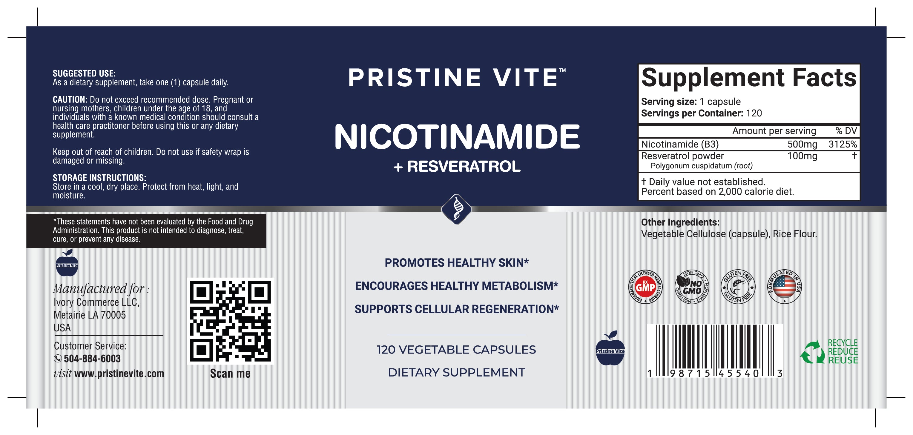 Pristine Vite Nicotinamide + Resveratrol – 120 Capsules