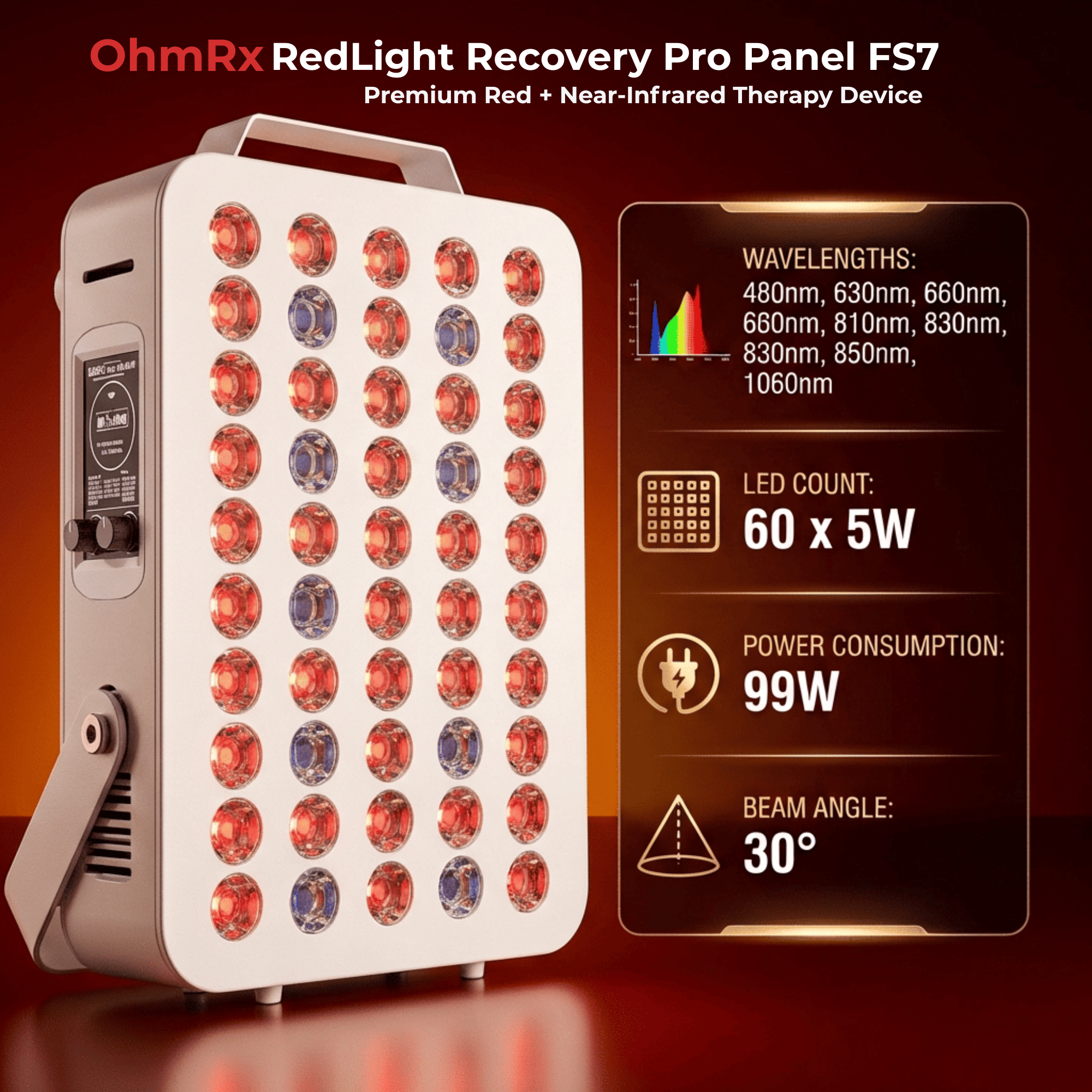 OhmRx RedLight Recovery Pro Panel FS7 – 7‑Wavelength Red & NIR LED Device