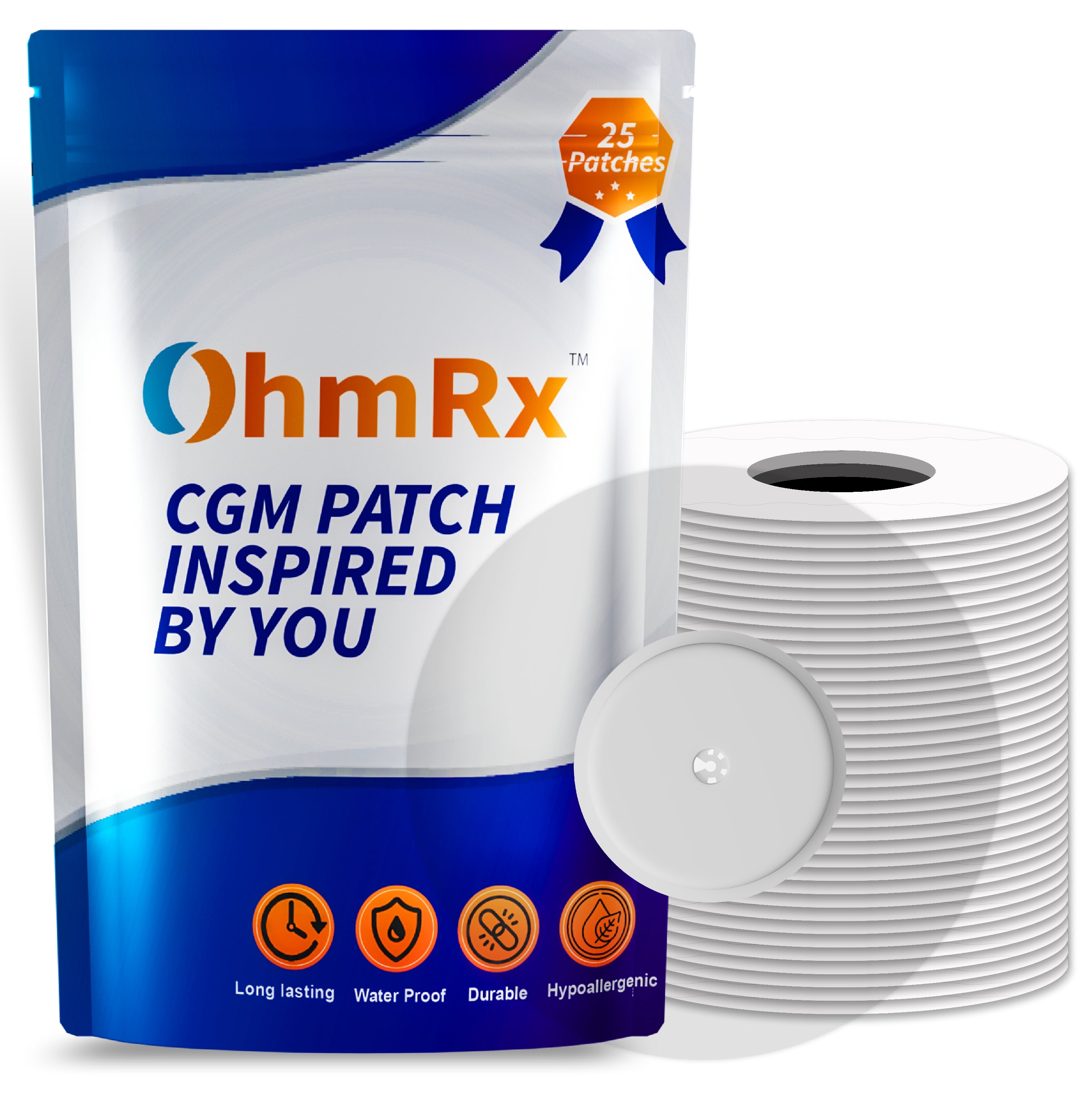 OhmRx Libre 2 / Libre 2 Plus Waterproof Sensor Covers – Pre‑Cut Adhesive Patches (Pack of 25)